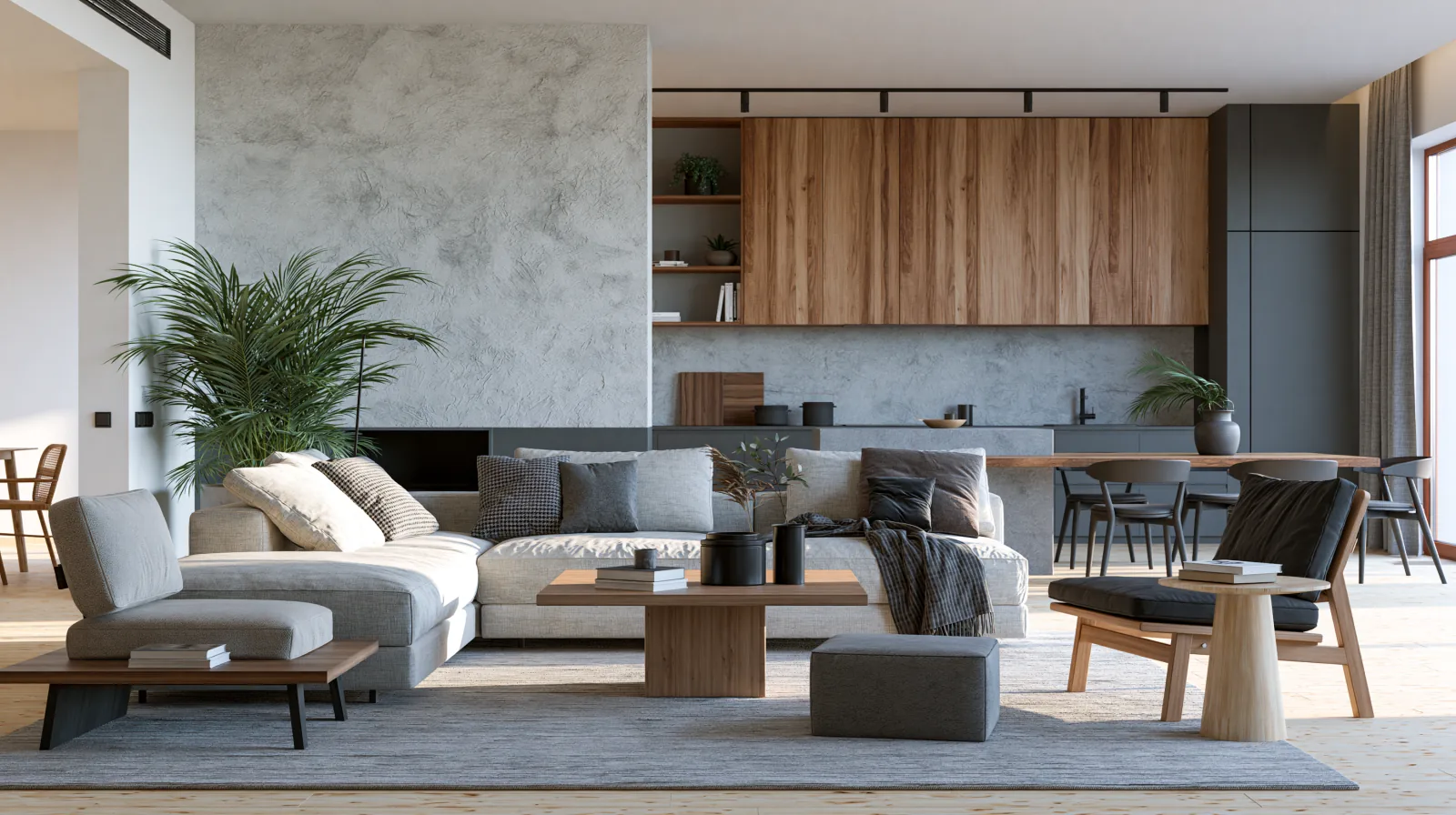Visualización conceptual de un interior residencial cálido con madera y piedra